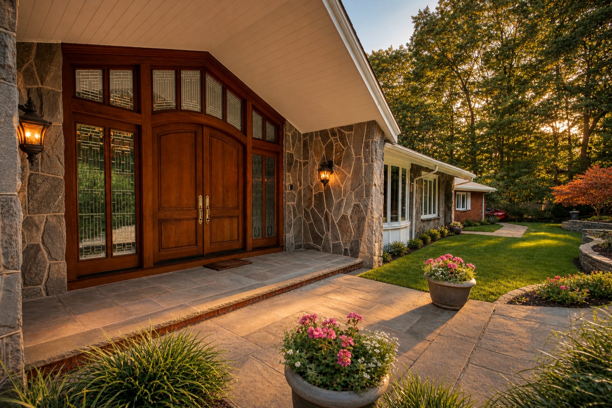 A gated residence approached along a tree-lined drive