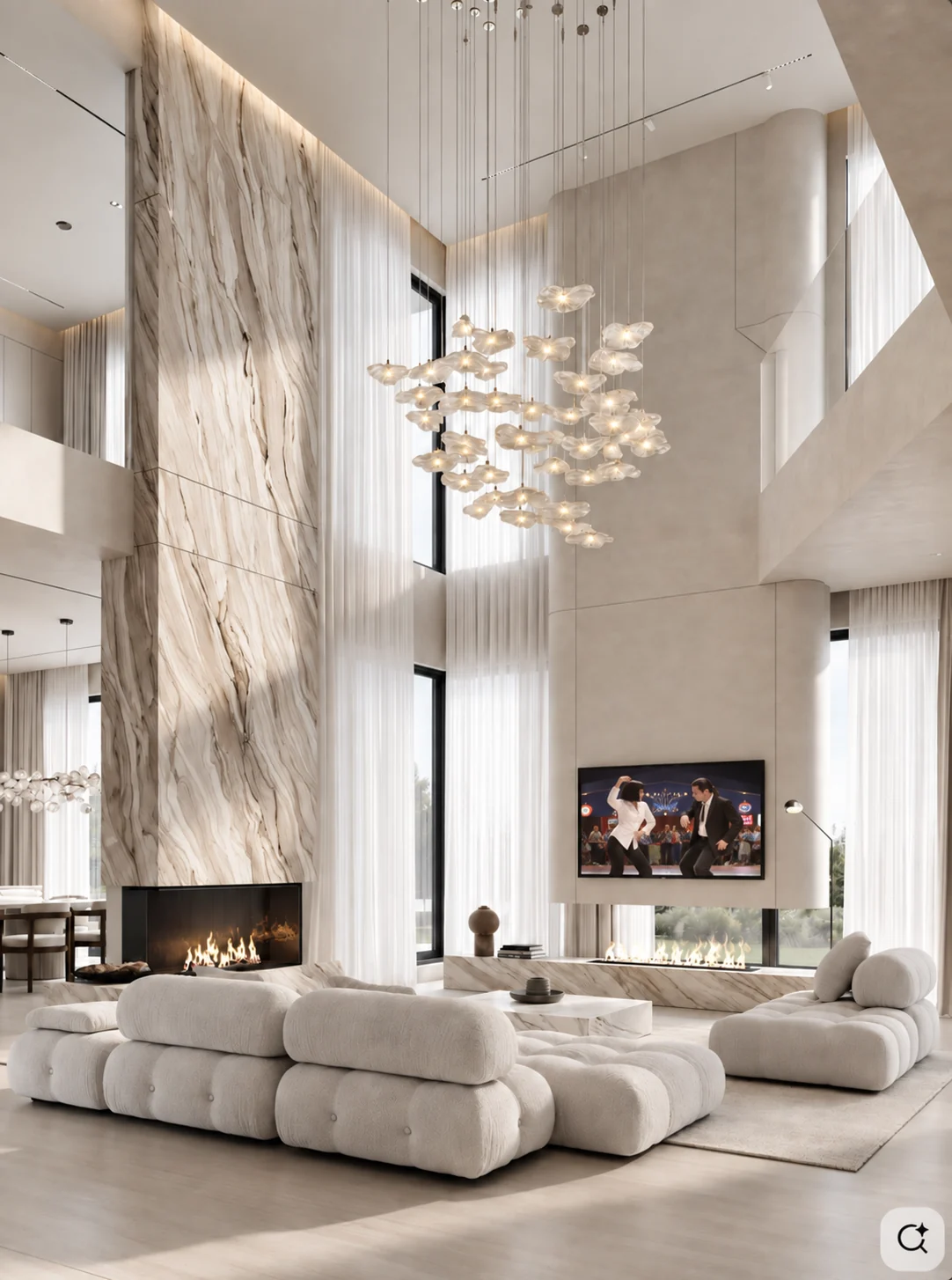 Illustrative double-height interior with marble fireplaces, sculptural lighting and pale seating.
