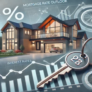 A professional image representing mortgage rate outlook for luxury real estate, featuring a modern luxury home with a financial chart overlay and a pa