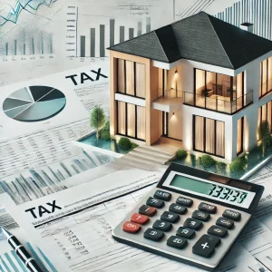 A visually engaging image representing tax implications for luxury real estate, featuring a modern luxury home alongside a calculator, tax forms, and