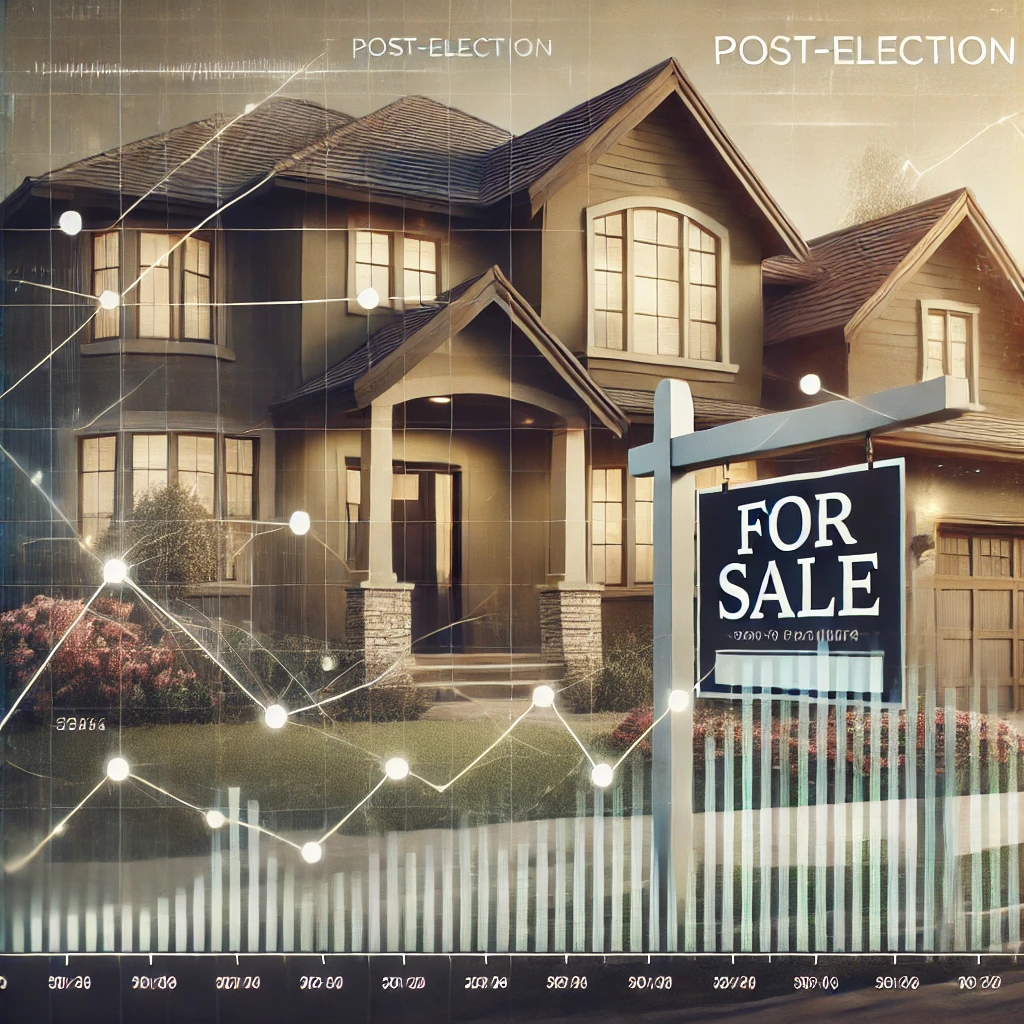 An elegant image featuring the housing market post-election, showcasing a luxurious suburban home with a 'For Sale' sign, complemented by subtle overl