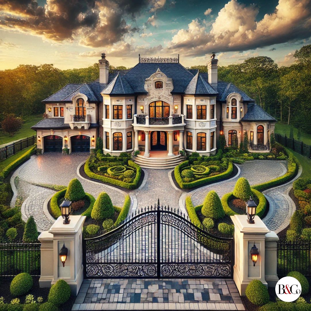 A breathtaking luxury estate in Bergen County, NJ, featuring grand architecture, a gated entrance, and a lush landscaped driveway. The home radiates