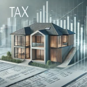 An image representing the impact of tax policies on luxury real estate, featuring a modern upscale home, tax documents, and subtle financial graphs ov