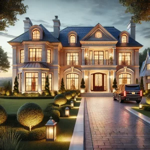 A beautifully rendered luxury estate in Bergen County, NJ, featuring elegant architecture, a grand entrance, and a lush, well-manicured landscape.