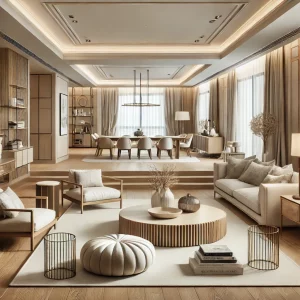 A decluttered luxury home interior featuring a spacious, well-organized room with minimal furniture, elegant decor, and high-end finishes.