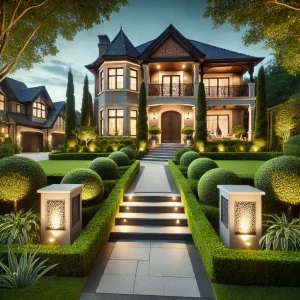 A luxury home exterior with impeccable landscaping, featuring manicured lawns, trimmed hedges, a grand stone entrance, and ambient outdoor lighting.