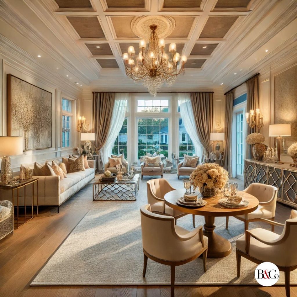 A beautifully staged luxury home in Bergen County, NJ, featuring elegant interior design, high-end furniture, and soft ambient lighting. The setting s