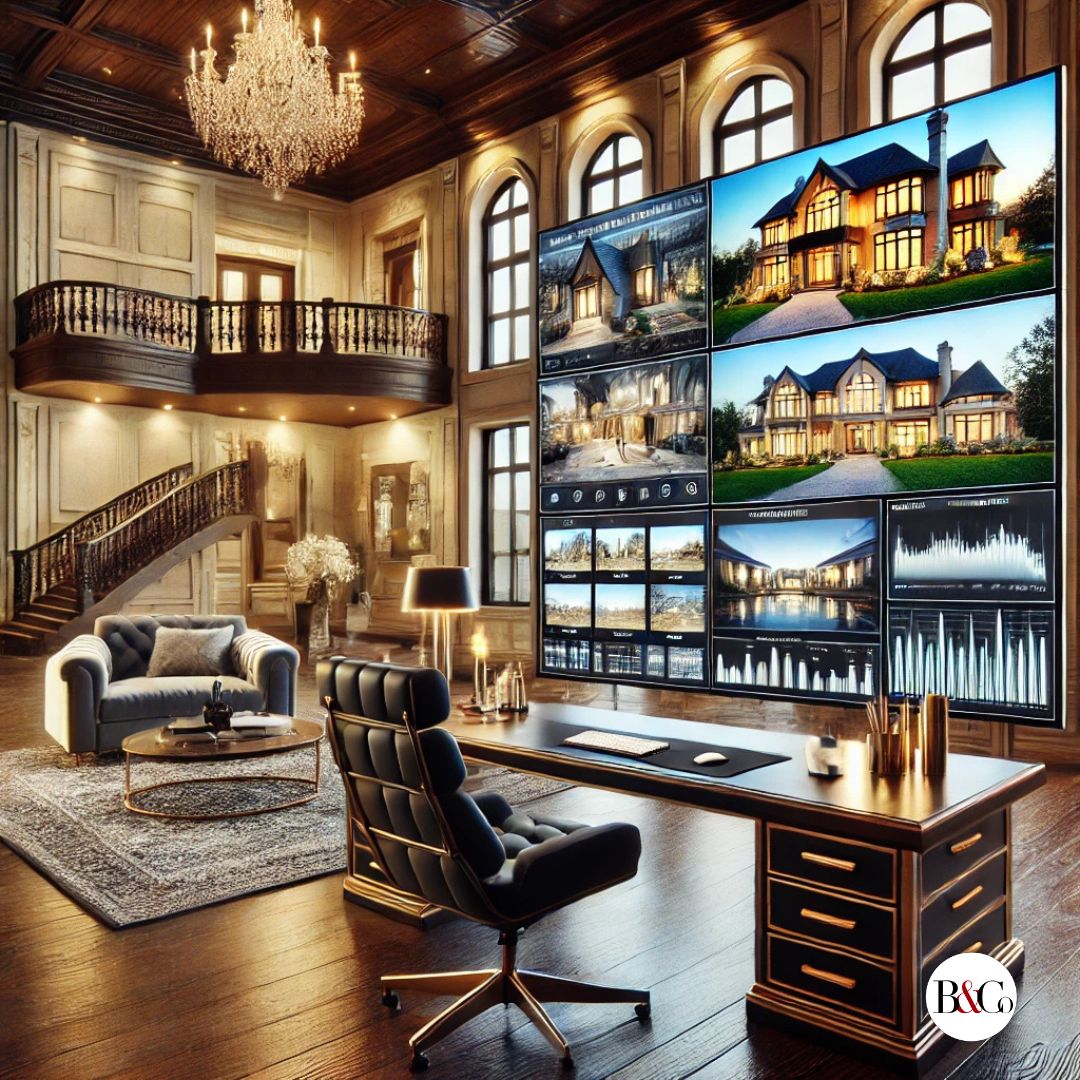 A luxurious mansion in Bergen County, NJ, featuring high-end real estate marketing elements. The image should include a professionally staged home