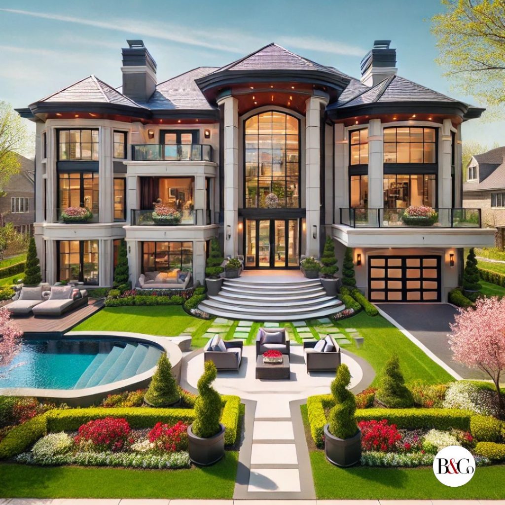 A luxurious estate in Bergen County, NJ, during the spring season. The home features a grand entrance, modern architectural design, large windows