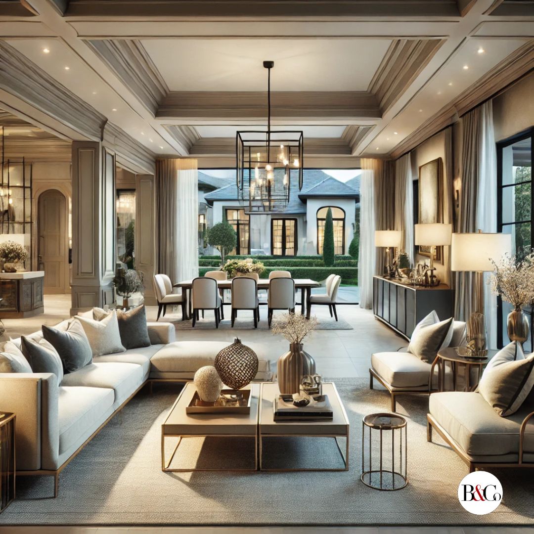 A beautifully staged luxury home with modern interior design, featuring elegant furniture, neutral color tones, and sophisticated decor.