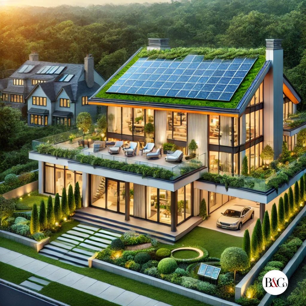 A luxurious eco-friendly home in Bergen County, NJ, featuring solar panels, a green roof, energy-efficient windows, and sustainable landscaping.