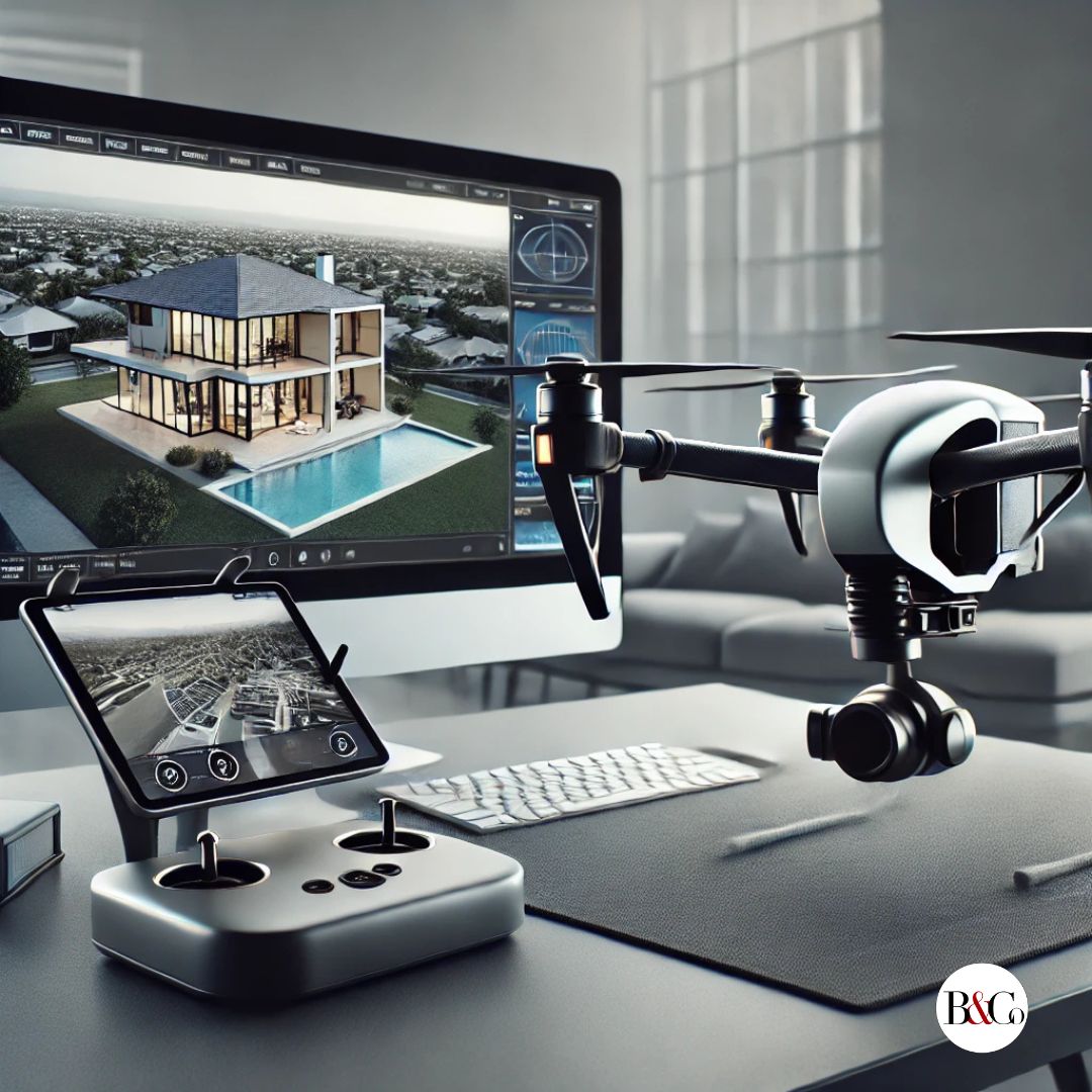 A sleek, modern luxury real estate setup showcasing a professional drone and a computer monitor displaying high-resolution property footage. The drone