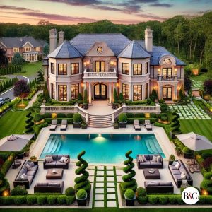 A luxurious mansion set in Bergen County, NJ, featuring lush green manicured lawns, a grand entrance, large windows, and high-end amenities