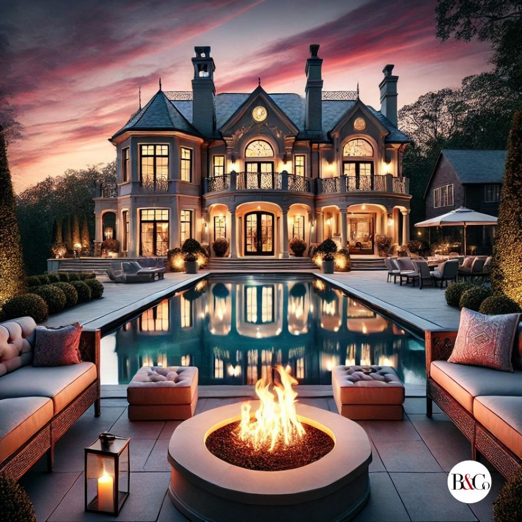 A breathtaking luxury home in Bergen County, NJ, set in a romantic evening ambiance. The image should feature a grand mansion with elegant architecture