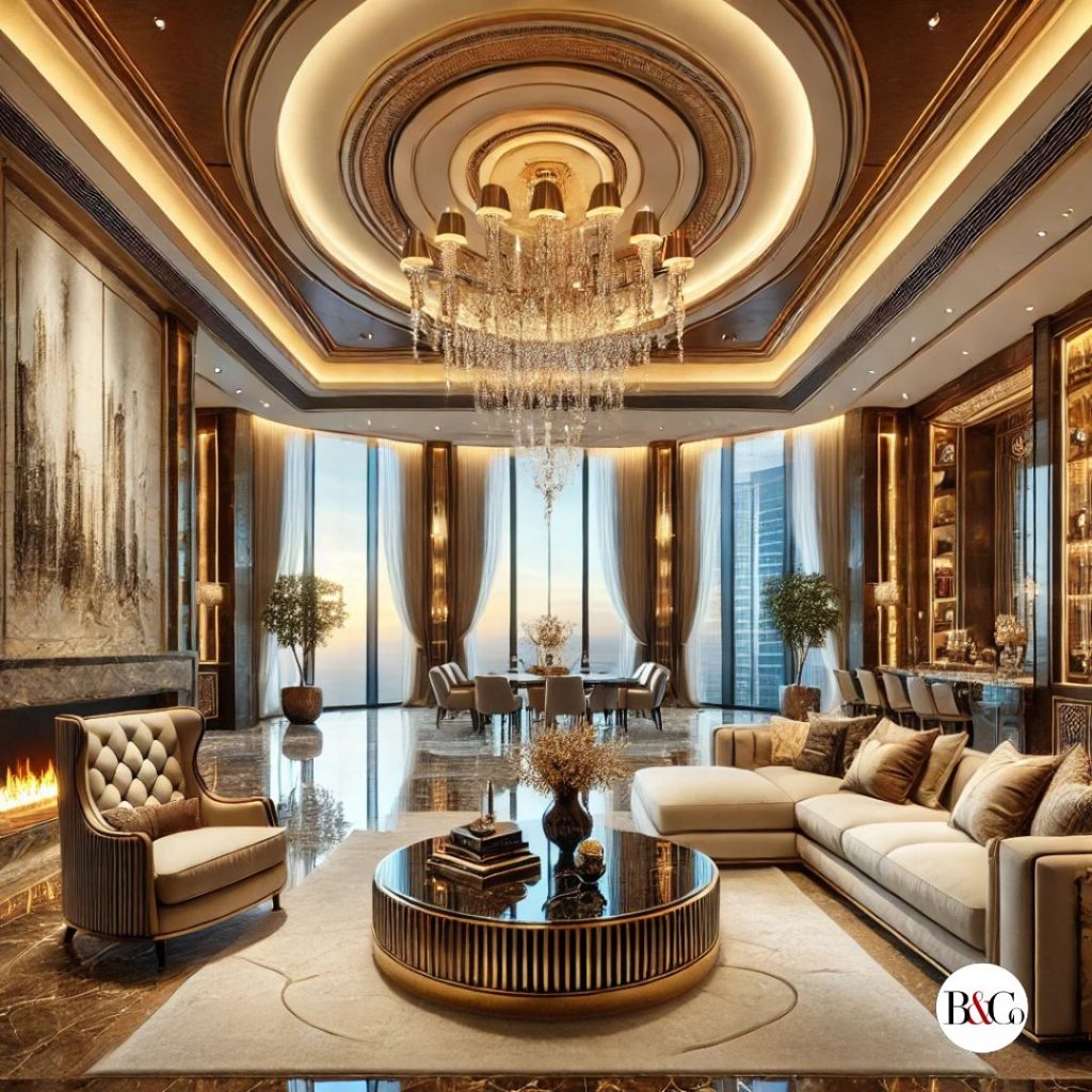 A breathtaking luxury living room with high ceilings, a grand chandelier, floor-to-ceiling windows with panoramic views, plush designer furniture