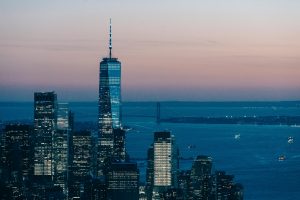 Beautiful view of New York City's skyline at dusk featuring the iconic One World Trade Center.